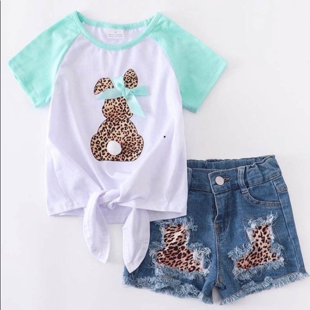 Mint Leopard Rabbit Denim Short Outfit